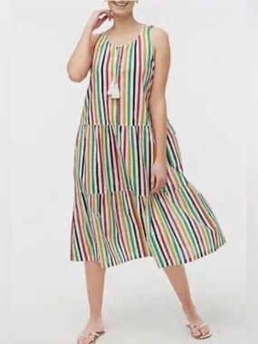 NEW J CREW Tiered Midi Cover Up Dress Womens Small Rainbow Stripe Ladies